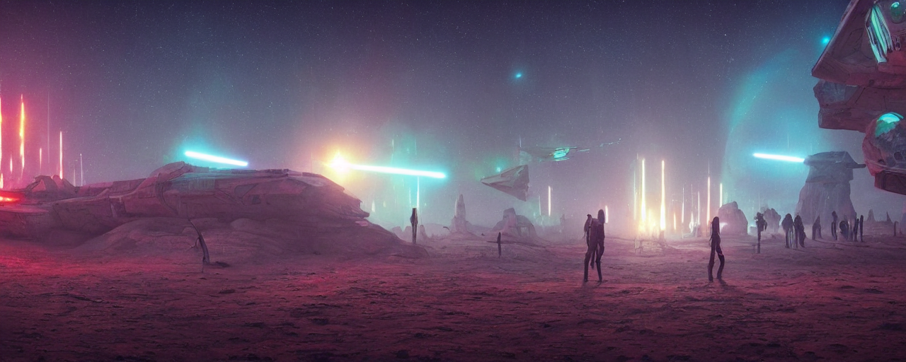 prompthunt: a scene from star wars ( 1 9 7 7 ) that takes place in a  dinosaur park in the night time, vaporwave aesthetic, neon signs,  superliminal 8 k uhd, unreal
