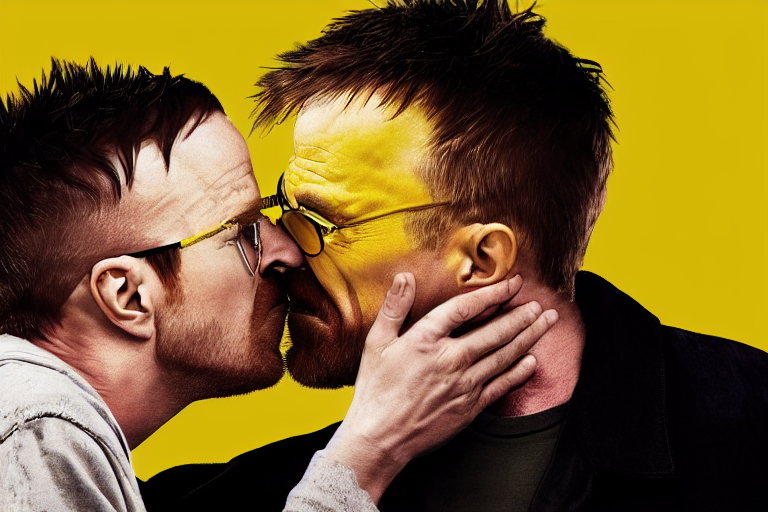 side angle of walter white passionately kissing jesse pinkman on the mouth, yellow backdrop