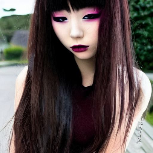 japanese girl with emo makeup and long hair, bangs