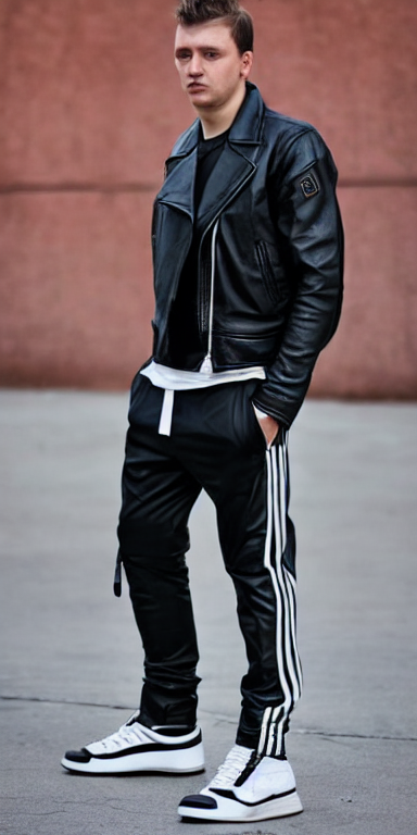 prompthunt: gopnik in a black leather jacket, white Adidas pants. extreme  long shot