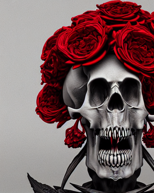 prompthunt: skull made of red roses, organic horror, devil, death, giger,  epic, baroque, art nouveau, james jean, photorealistic render, 3 ds max + v  - ray, extremely detailed and intricate, center composition,