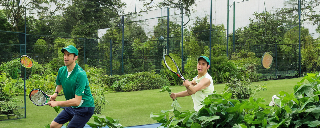 prompthunt: a cucumber playing tennis in a botanic garden