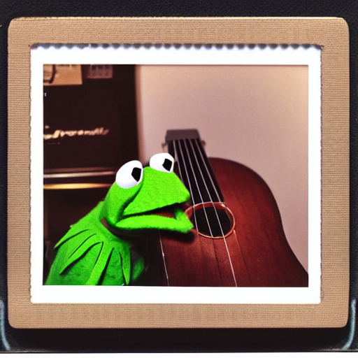 prompthunt: Kermit the frog playing ukulele, polaroid photo, instax, white  frame, by Warhol,