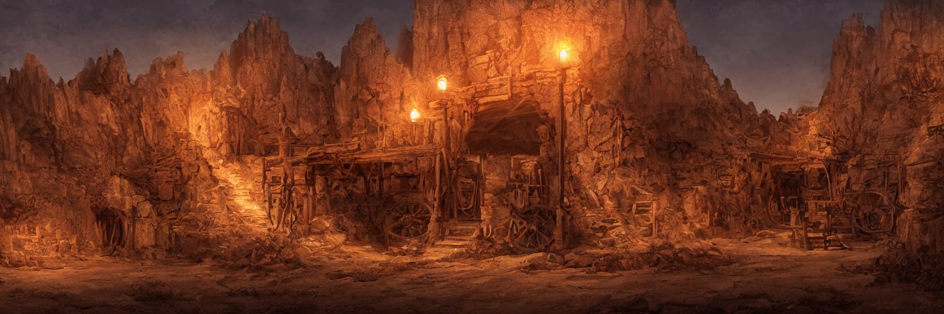 prompthunt: an old mine entrances lit by toches in an ancient old wild West  town, arizona desert, Dynamic lighting, cinematic, establishing shot,  extremely high detail, photo realistic, cinematic lighting, post processed  denoised,