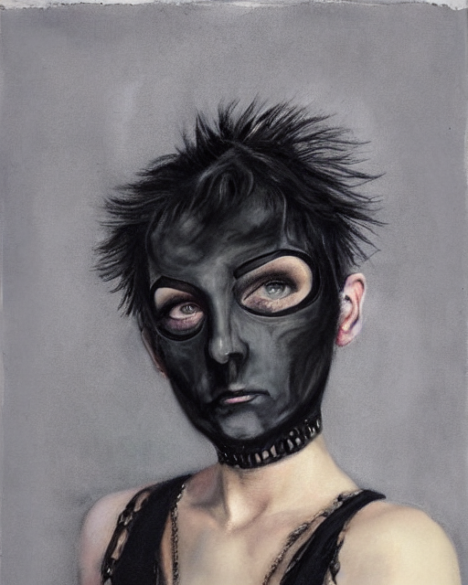 prompthunt: A goth portrait painted by Dan Witz. Her hair is dark brown and  cut into a short, messy pixie cut. She has a slightly rounded face, with a  pointed chin, large