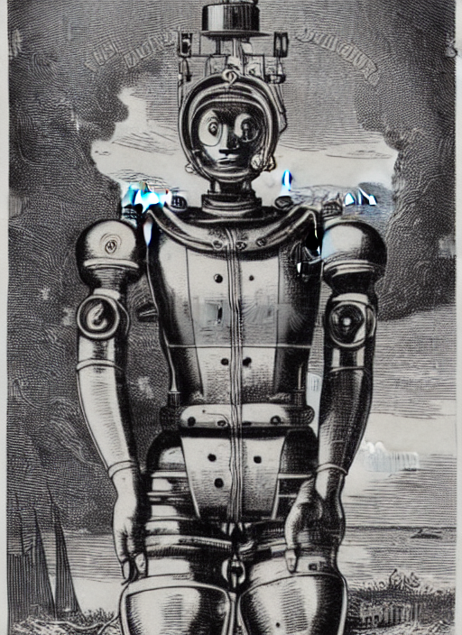 prompthunt: 19th century wood-engraving of a muscular robot with a human  face wearing a diving suit, whole page illustration from Jules Verne book  titled Stardust Crusaders, art by Édouard Riou Jules Férat