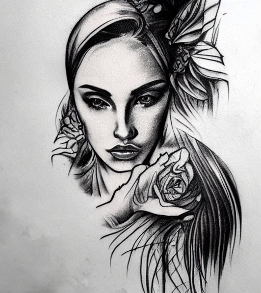 prompthunt: tattoo design sketch of a beautiful woman face with a faded  background of beautiful mountains and nature on her side, hyper -  realistic, in the style of den yakovlev, amazing detail,