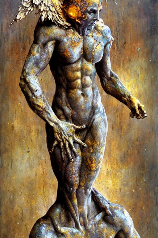 prompthunt: realistic detailed statue full body of the vallyrian golem made  with marble and with stained rust golden wings, cracked body full of scars,  made by Karol Bak, Mark Brooks and Bernini.