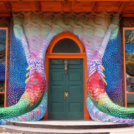 prompthunt: The exterior of the house is covered in colorful scales,  inspired by a dragon. The windows are large and oval-shaped, like a  dragon's eyes. There are two big doors that resemble