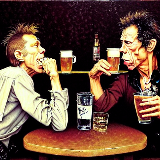 prompthunt: Tom Waits and Iggy Pop drinking in a pub, oil painting by james  gurney and norman rockwell
