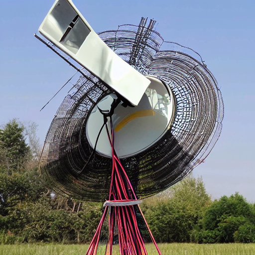 prompthunt: complicated diy radio telescope scanner device made of brooms  and lids and pans and duct tape and wires and lenses and cables and wires  and electronics
