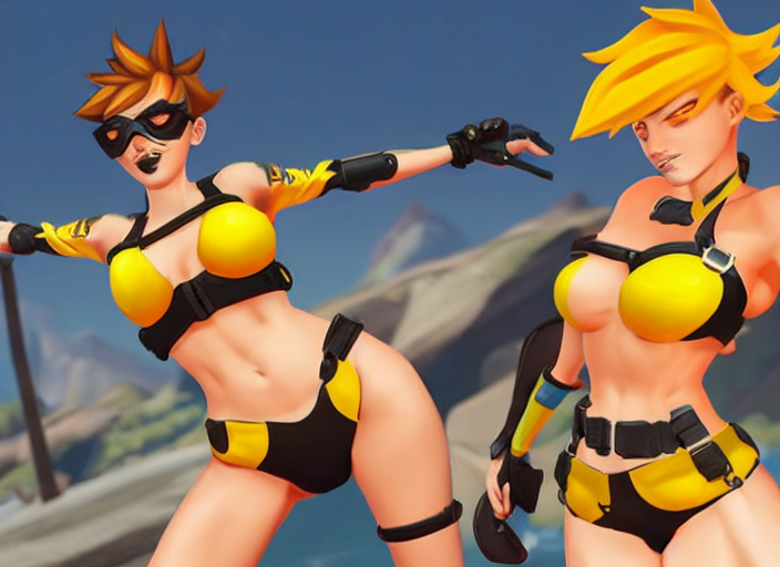 KREA - tracer game character, in yellow bikini, blonde hair, black