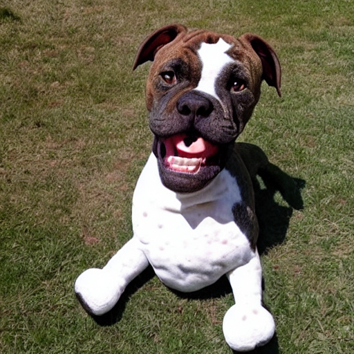 prompthunt: pitbull boxer mix with brindle coat and white paws and white  chest playing with a dinosaur plushie. photo. realistic. hyper realistic.  outside photography. sunny day.