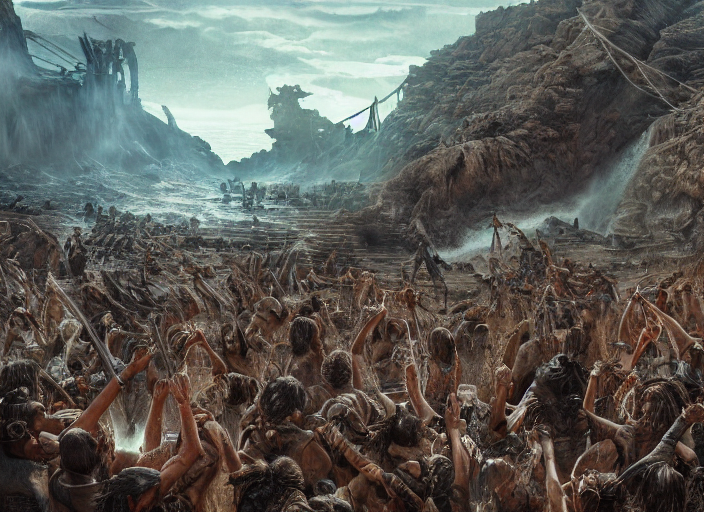 prompthunt: a crowd of tribal people cheer with joy as a torrent of water  pours down a huge cliff, concept art for the film mad max fury road,  biblical, dramatic, insanely detailed,