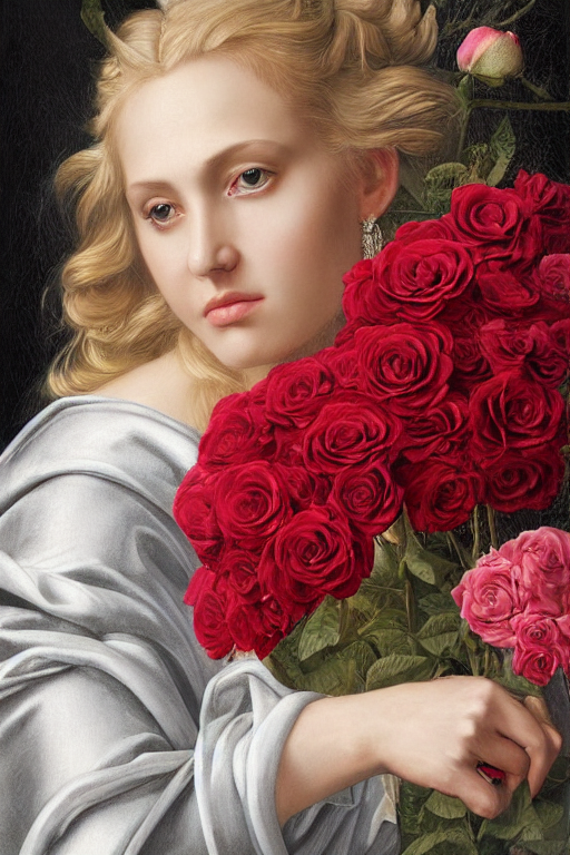 prompthunt: hyperrealism close-up mythological portrait of a medieval blond  female merged with huge number of roses, dark palette, pale skin, wearing  silver silk robe, in style of classicism