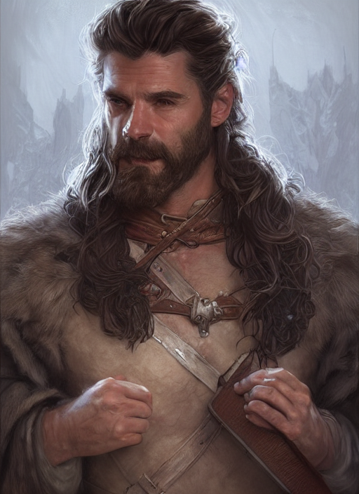 prompthunt: portrait of a ruggedly handsome cleric, soft hair, muscular,  half body, leather, hairy, d & d, fantasy, intricate, elegant, highly  detailed, digital painting, artstation, concept art, smooth, sharp focus,  illustration, art