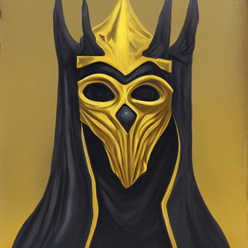 prompthunt: eldritch king dressed mask and robes, gold yellow and black colour scheme, canvas, oil