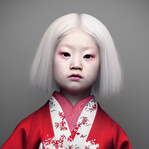 beautiful albino Asian girl kid in a fancy kimono, unreal engine octane, red and white, portrait, gliter, depth of field, 8k, hyper detailed