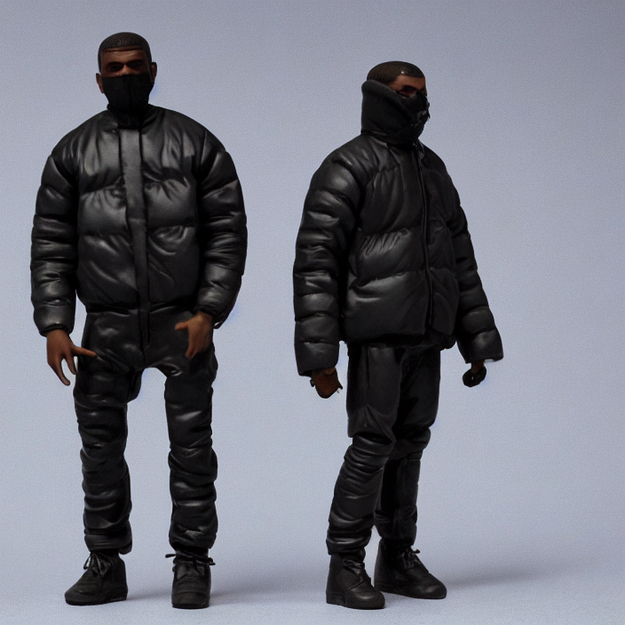 prompthunt: a action figure of kanye west using full face - covering black  mask with small holes. a small, tight, undersized reflective bright black  round puffer jacket made of nylon. a shirt