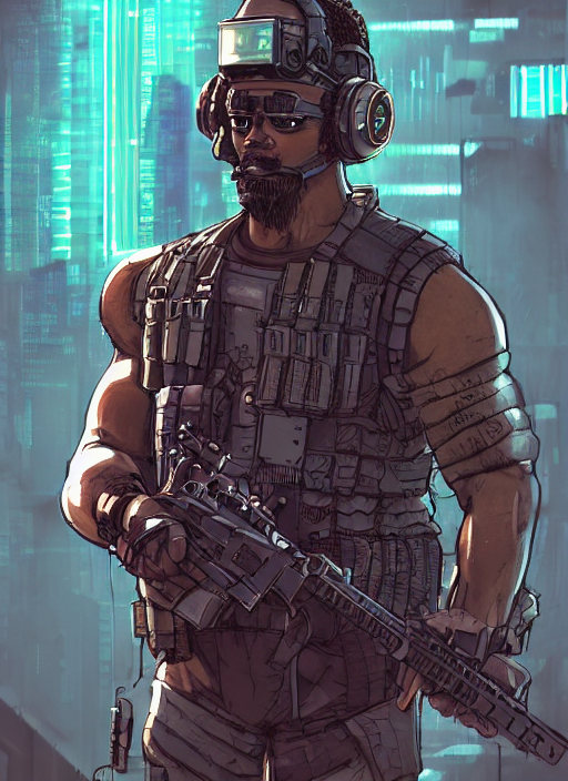 Man with dark medium hair cyberpunk mercenary streetwear muscular soldier  fighter tactical face portrait