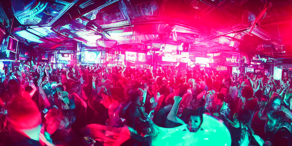 prompthunt: a high quality wide angle photo inside the rave dance club of a  futuristic cyberpunk city, dark, crowded, drinks, dancing, neon lights,  realism, 8k