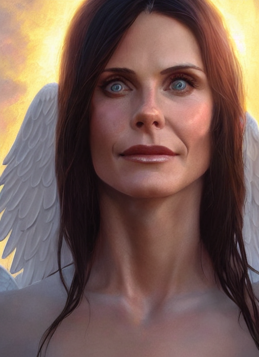 cute courtney cox as a heavenly angel, anatomy, bathed in light, highly detailed, photorealistic, artstation, smooth, sharp focus, illustration, unreal engine 5, 8 k, art by artgerm and greg rutkowski and edgar maxence