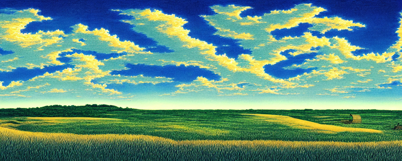 prompthunt: illustrated kansas landscape and sky, intricate, beautiful,  serene, majestic, detailed, ultra, mega, super, visable sounds waves