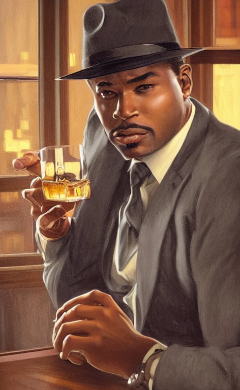 prompthunt a handsome black detective wearing a gray fedora suit