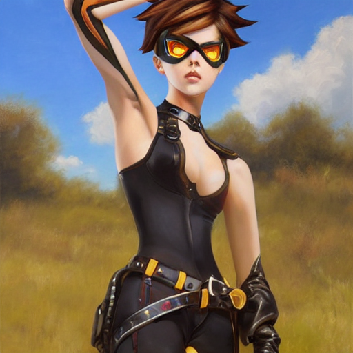 prompthunt: oil painting of tracer overwatch in a field wearing large  leather belt choker around neck, in style of mark arian, expressive face,  detailed face, detailed eyes, full body, feminine face, tracer