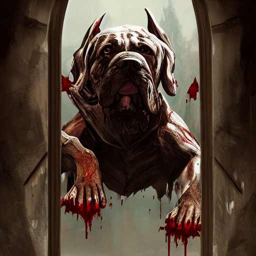 prompthunt: big evil dog with blood on face staying on bottom legs