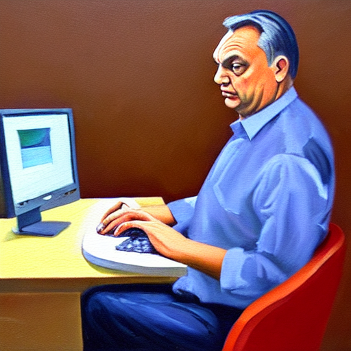 prompthunt: viktor orban working with excel on a laptop in a cubicle, oil  painting
