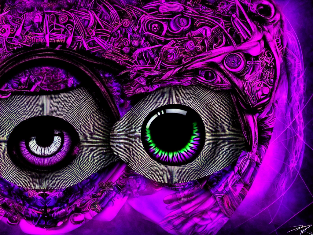 highly detailed photo of psychedelic dilated pupil, trending on deviantart, black and purple, neo surrealism, sharp focus, a lot of little details, octane, masterpiece, art by max ernst