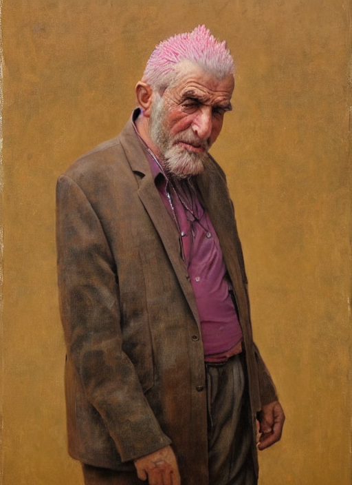 a portrait of old man with a pink mohawk by iman maleki, punk rock, oil painting, muted colours, soft lighting