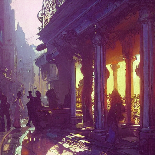 painting of syd mead artlilery scifi organic shaped small shop with ornate metal work lands on a sidewalk, floral ornaments, greek architecture, volumetric lights, purple sun, andreas achenbach