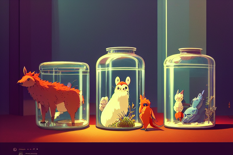 prompthunt: collection of animals in glass jars, moody :: studio ghibli,  beeple and James Gilleard and Justin Gerard :: ornate, dynamic,  particulate, rich colors, intricate, elegant, highly detailed, centered,  artstation, smooth, sharp