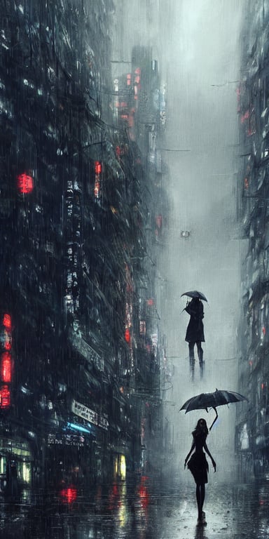prompthunt: a concept art landscape of a woman in the foreground, back to  camera, standing in a claustrophobic neotokyo city, standing in the rain  with an umbrella, wet, emphasis on tall buildings,