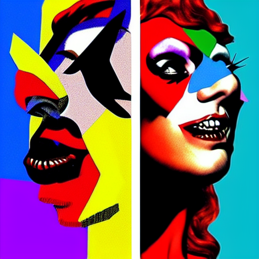 prompthunt: richard hamilton and mimmo rottela as lady gaga harley queen  and joaquin phoenix joker, pop art, 2 primary color, justify content  center, object details, dynamic composition, face and body features, ultra