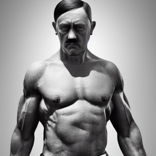 Adolf hitler with the physique of a body builder, hyper realistic, ultra detailed, cinematic, dynamic lighting, photorealistic, refined, intricate, digital art, digital painting, masterpiece, 8k