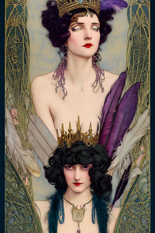 prompthunt: edmund dulac, leyendecker, greg hildebrandt, ombre velvet gown,  feathers, lovely queen, long hair, small crown, dozens of jeweled  necklaces, feral languid woman, art nouveau, stephen bliss, unreal engine,  by greg rutkowski,
