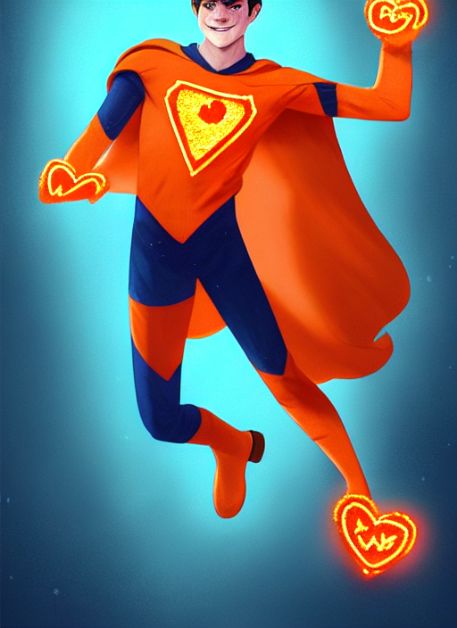 prompthunt: friendly teenage archie andrews wearing an orange superhero  costume with heart logo, freckles, pureheart the powerful, heart emblem on  chest, cape, intricate, elegant, glowing lights, highly detailed, digital  painting, artstation, sharp