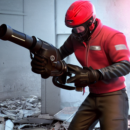KREA - Man wearing dark racing helmet with cracked visor, red hockey pads,  snowboots, leather jacket, black leather gloves, firing a comically large  minigun, in destroyed, abandoned, vibrant, suburban neighborhood. high  quality