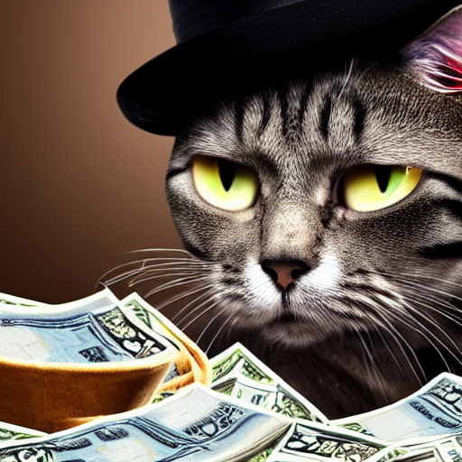 prompthunt: A portrait of an evil-looking cat wearing a fedora smoking a  cigar and counting money bills inside an Italian mobster office, 4K