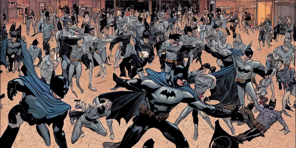 prompthunt: Batman teaching mall-cops ballet. Epic painting by James Gurney  and Laurie Greasley.