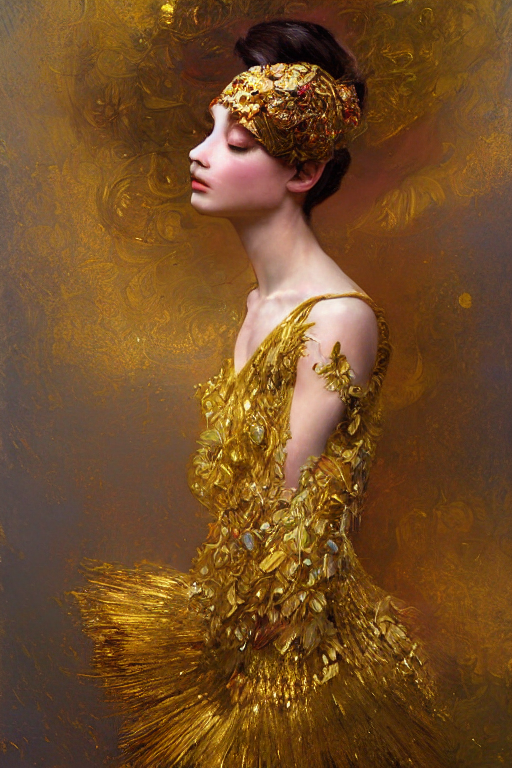 prompthunt: an intricate painting of a beautiful young ballerina covered in  silk clothes with klimt golden motives and textures, hyper detailed,  ornamental gold headpiece, octane render, vivid colors, artstation, by  jeremy mann,
