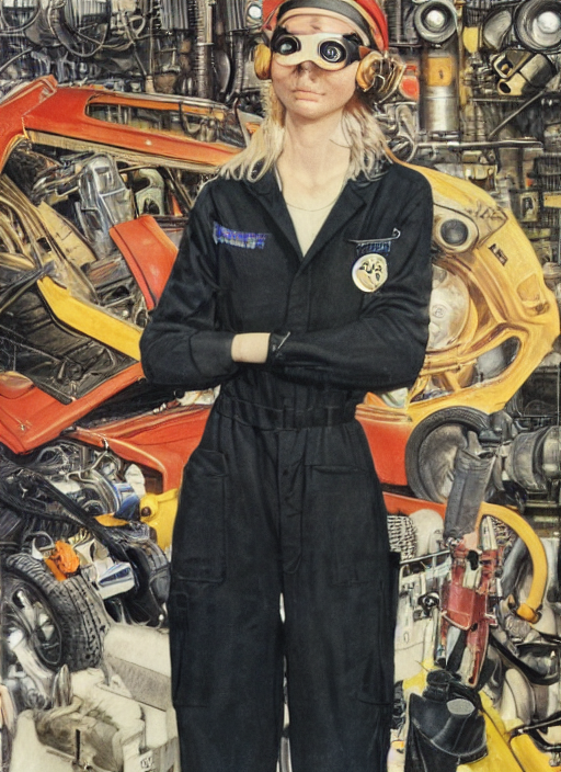 prompthunt: an eccentric beautiful pale - skinned mechanic nerd girl  wearing a black - jumpsuit with many colorful badges and big goggles, by  alan lee, 4 k
