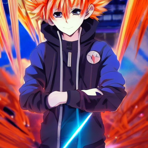 Prompthunt: Orange - Haired Anime Boy, 1 7 - Year - Old Anime Boy With Wild  Spiky Hair, Wearing Blue Jacket, Holding Magical Technological Card,  Futuristic Effects, Fractal Card, Magic Card, In