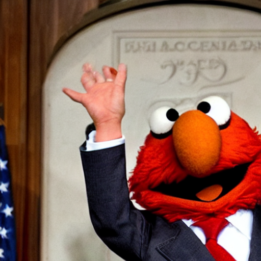 prompthunt: Elmo wearing a suit, sitting in front of a microphone, shouting  at congress.