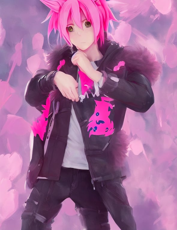 prompthunt: cute anime boy with pink hair and pink wolf ears and pink wolf  tail wearing stylish clothes. very detailed digital painting, trending on  artstation, octane render, random artists