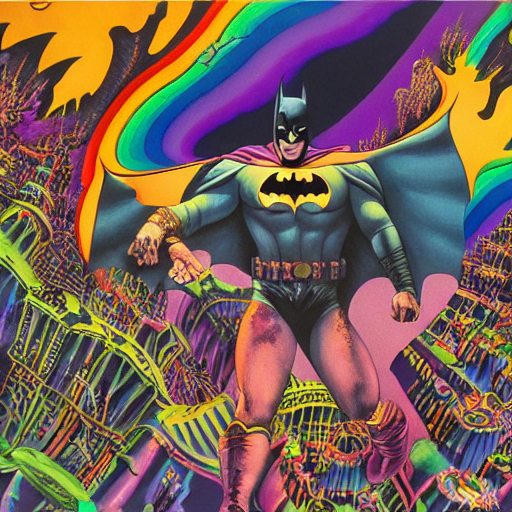 prompthunt: a matte grand scale painting of batman in joker's fractal acid  hell by howard chaykin and glenn fabry and todd nauck and alex grey and  lisa frank, rainbow colors, hires detail,