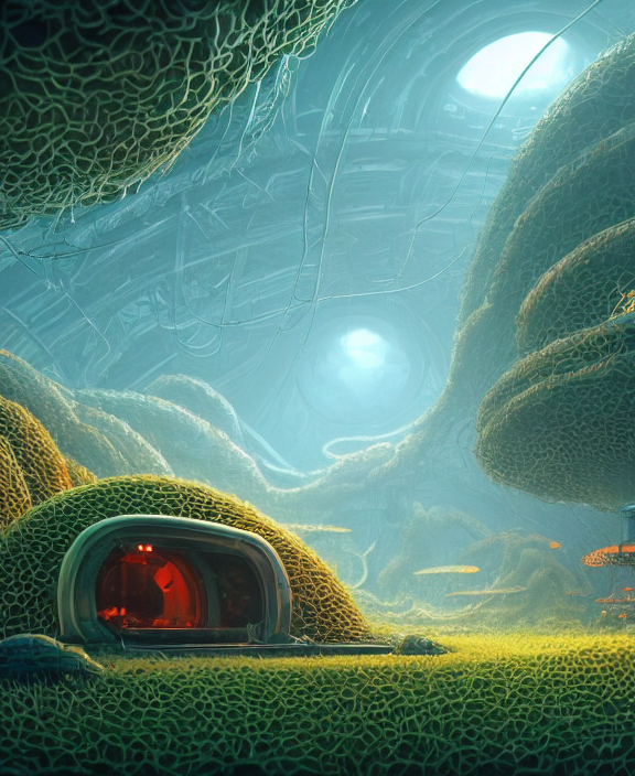 simplicity, a simple bunker made out of exotic fungus, overgrown with weird smooth fungus and tendrils, spaceship, sci - fi, robots, noon, somber, partly cloudy, by dan mumford, yusuke murata, makoto shinkai, ross tran, cinematic, unreal engine, cel shaded, featured on artstation, pixiv